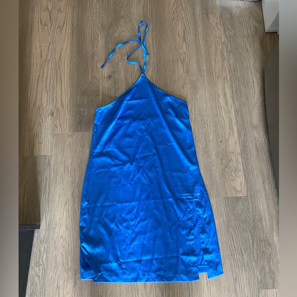 Small, blue, silk, halter dress. Never worn!